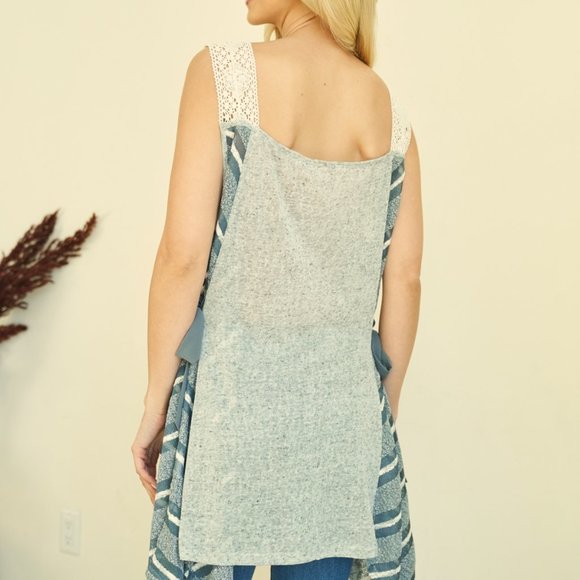 Ryu A'reve Women's XL Plus Size Gray Blue Crochet Bow Ties Flowing Tank Top - Picture 3 of 11
